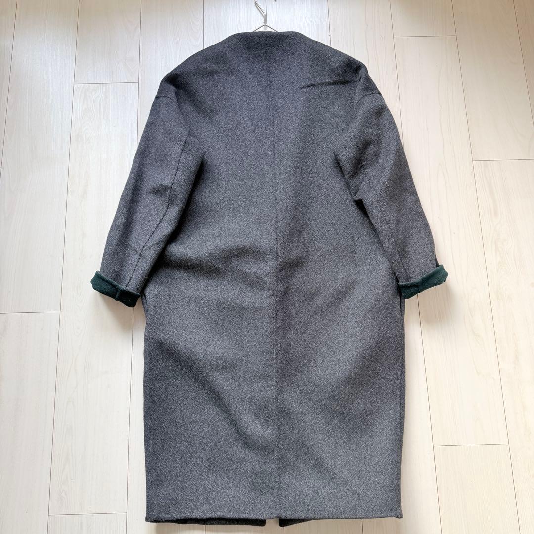 美品✨エンフォルド　ノーカラーリバーコート　バイカラー　グレー　深緑