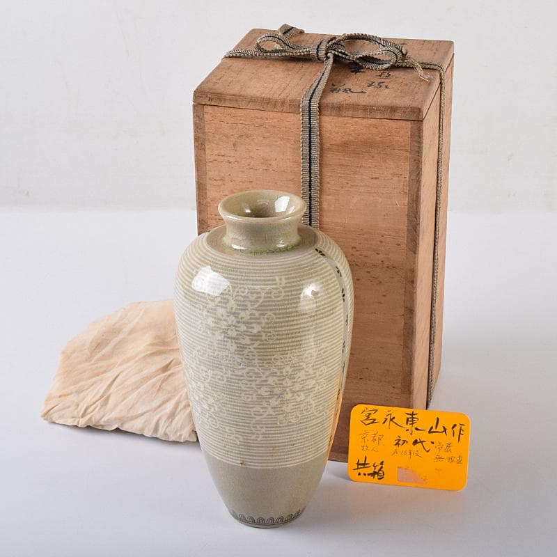 京焼　初代宮永東山作　青磁　花文　花瓶　共箱　C　R8581