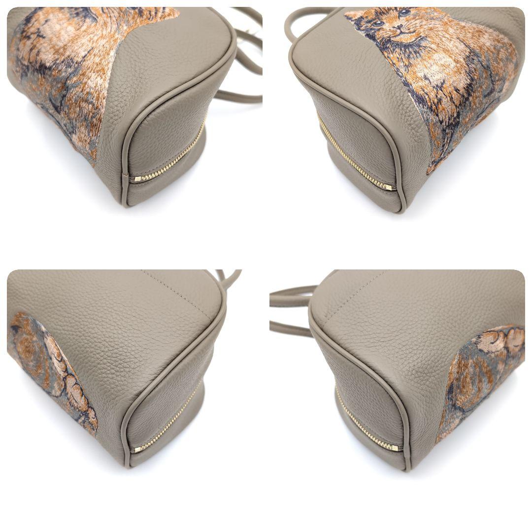 未使用級✨️ イアパピヨネ ねこ刺繍ボストンバッグ 猫刺繍 ミニボストン レザー