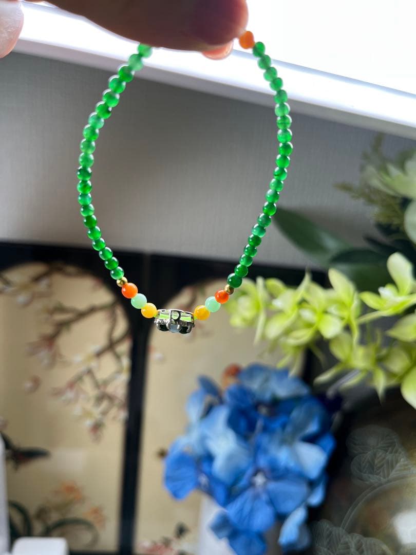 新入荷❣️貴重‼️18kビーズ入り、ロウカン質氷種満陽緑ビーズ&【幸運】四葉草ブレス