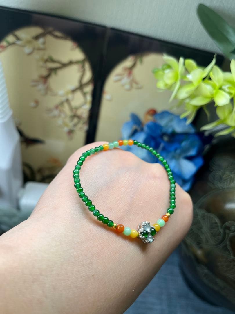 新入荷❣️貴重‼️18kビーズ入り、ロウカン質氷種満陽緑ビーズ&【幸運】四葉草ブレス