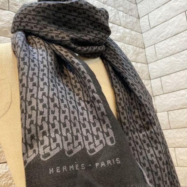 HERMES エルメス マフラー ストール グレー チェーン柄