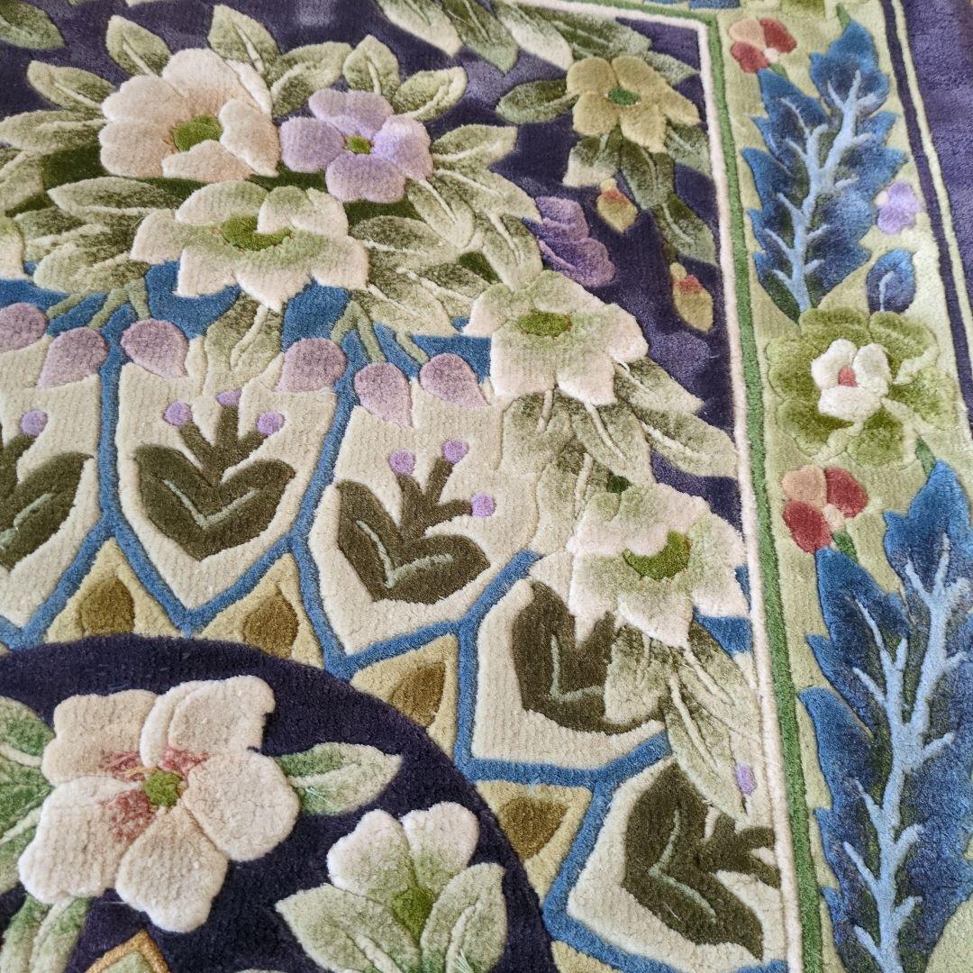 玄関マット　花柄刺繍ネイビーブルー　ラグ