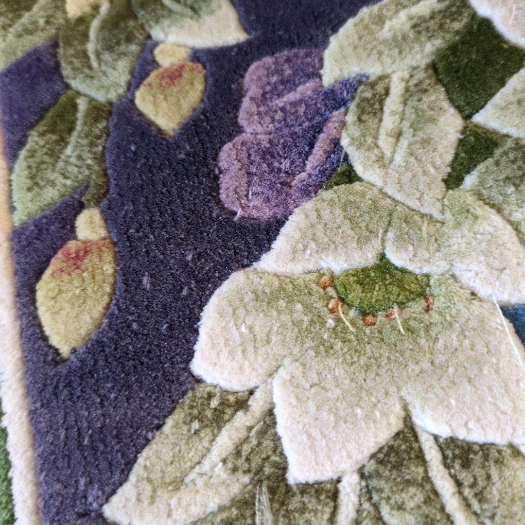 玄関マット　花柄刺繍ネイビーブルー　ラグ