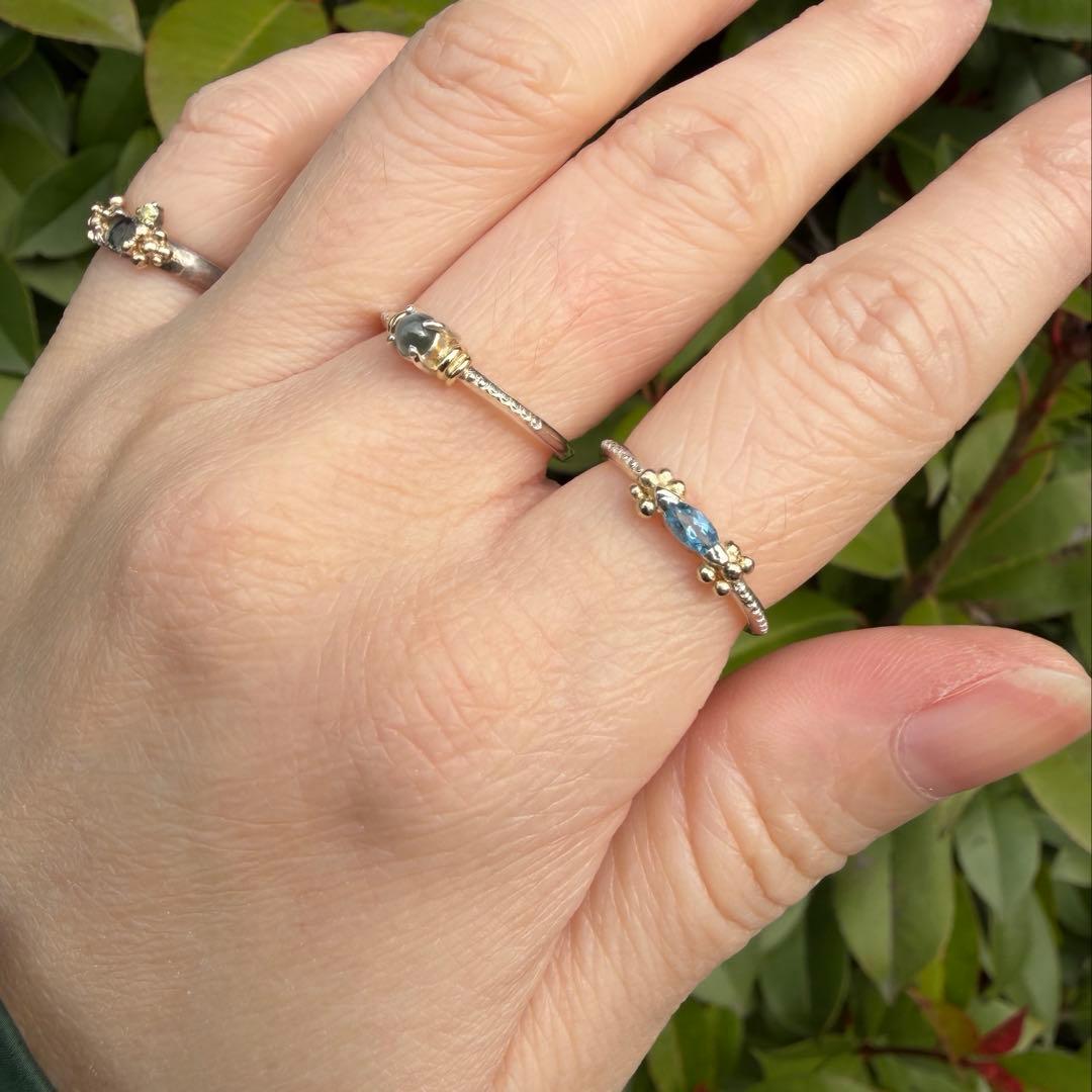 マーキスカットのサンタマリアアクアマリンK10粒々ミル打ちシルバーリング9号