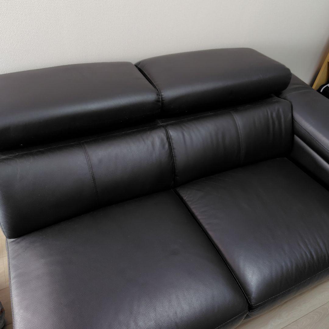 【直接引取】黒　牛本革　合成皮革 3人掛けカウチソファ　ヘッドレスト付