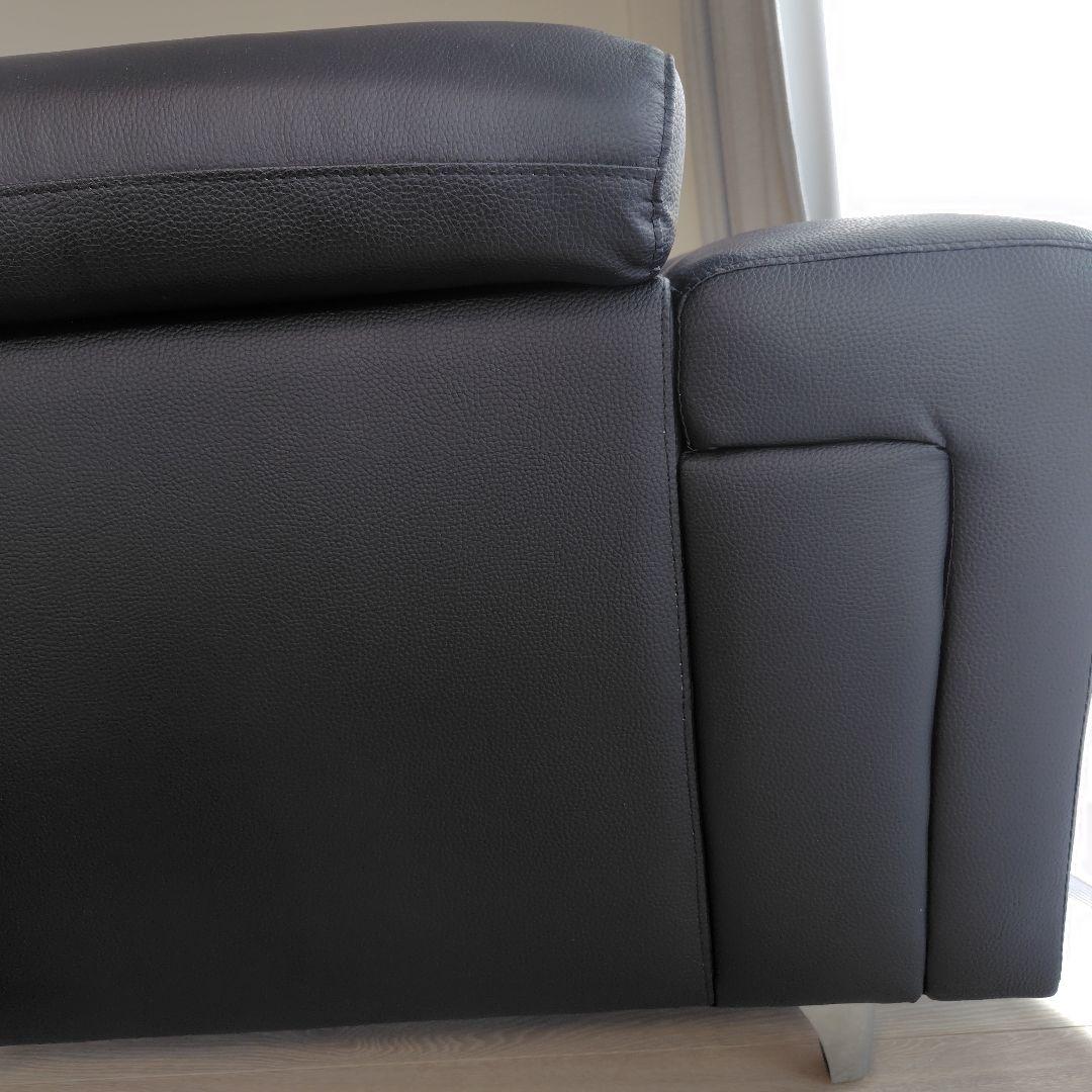 【直接引取】黒　牛本革　合成皮革 3人掛けカウチソファ　ヘッドレスト付