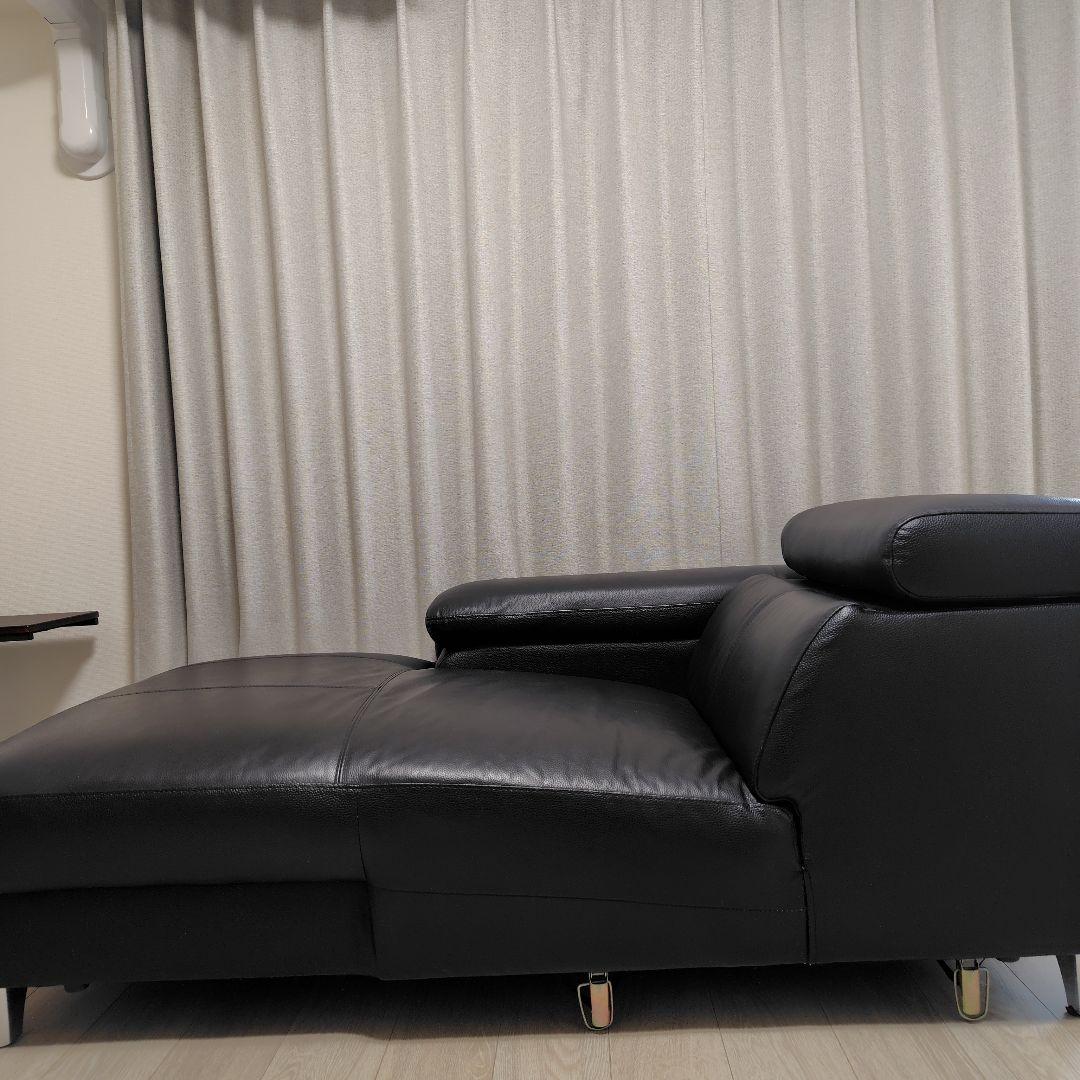 【直接引取】黒　牛本革　合成皮革 3人掛けカウチソファ　ヘッドレスト付