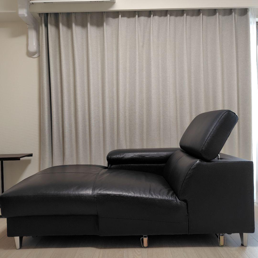 【直接引取】黒　牛本革　合成皮革 3人掛けカウチソファ　ヘッドレスト付