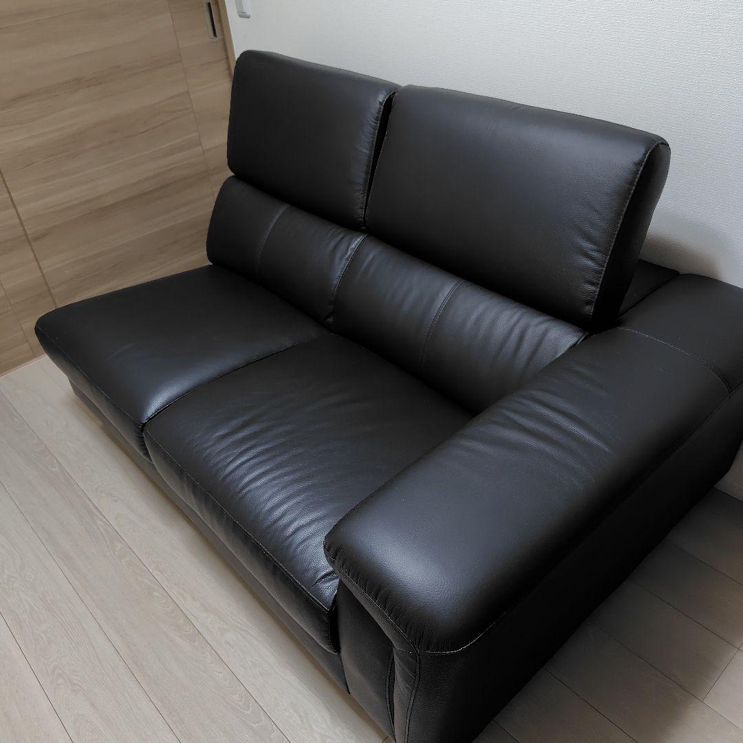 【直接引取】黒　牛本革　合成皮革 3人掛けカウチソファ　ヘッドレスト付