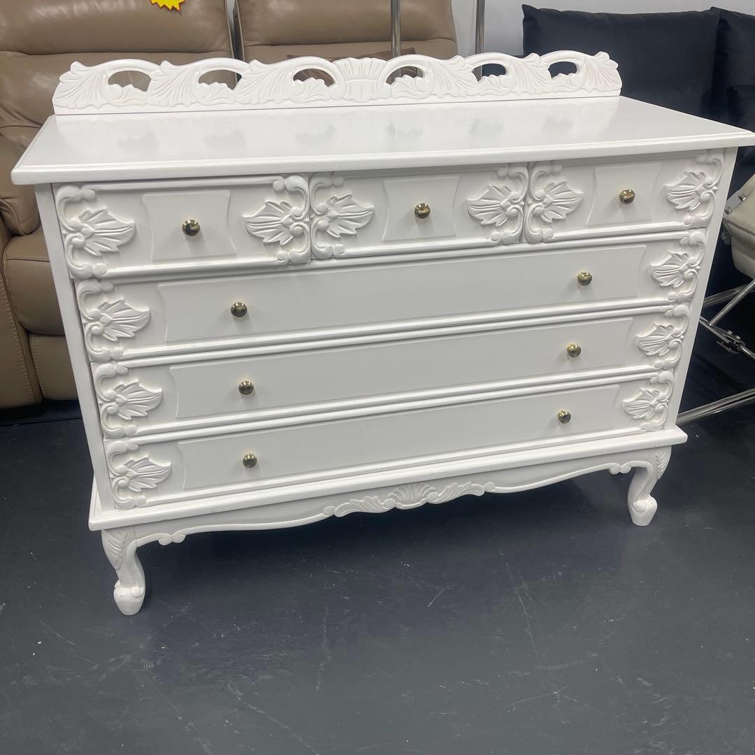 ホワイトキャビネット 5引き出し 彫刻デザインSALE
