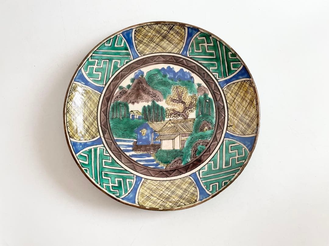 骨董　アンティーク　青手九谷　山水図　皿　絵皿　古九谷　角福
