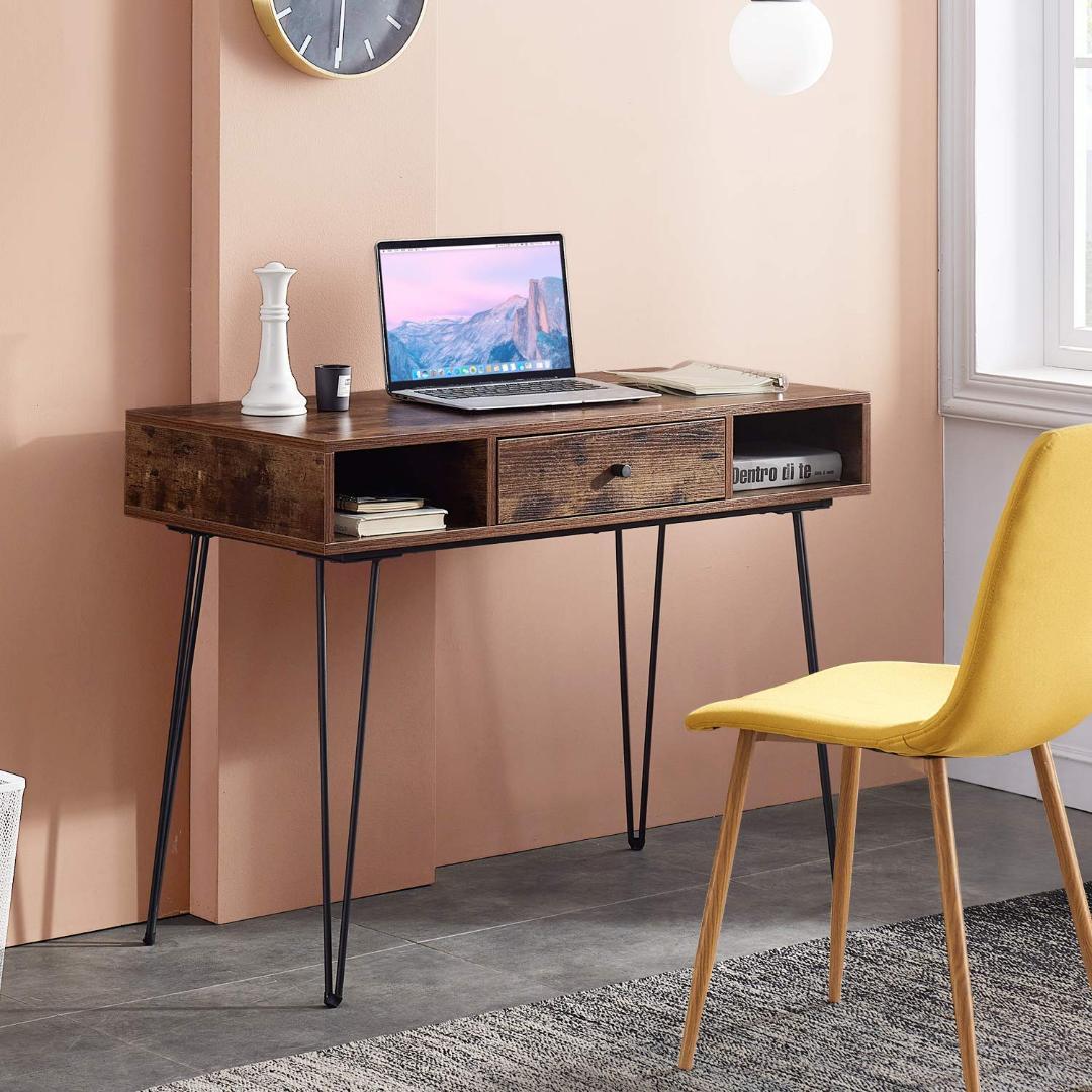 北欧デザイン木製多機能デスク 引き出しと収納ラック付き