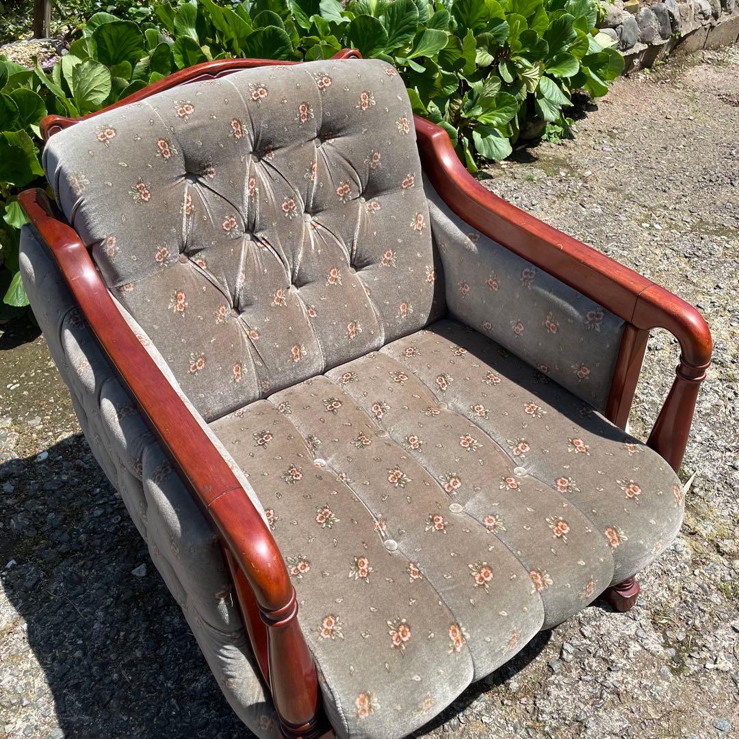 【美品】新象 シングルソファ 1P アンティーク 花柄　グレー　レトロ　ソファ