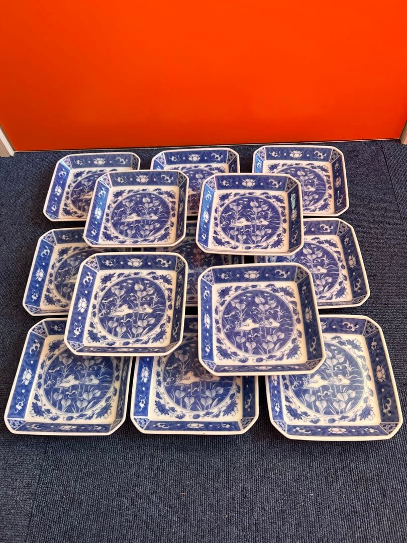 978 深川製磁　時代物　角皿セット 染付オシドリ  13客　古美術品　未使用