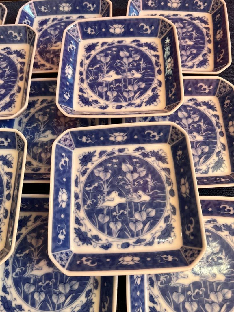 978 深川製磁　時代物　角皿セット 染付オシドリ  13客　古美術品　未使用