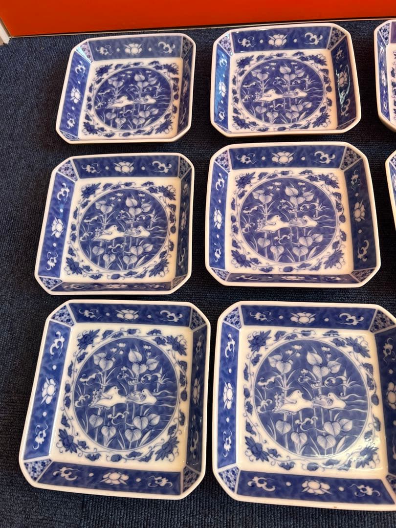 978 深川製磁　時代物　角皿セット 染付オシドリ  13客　古美術品　未使用