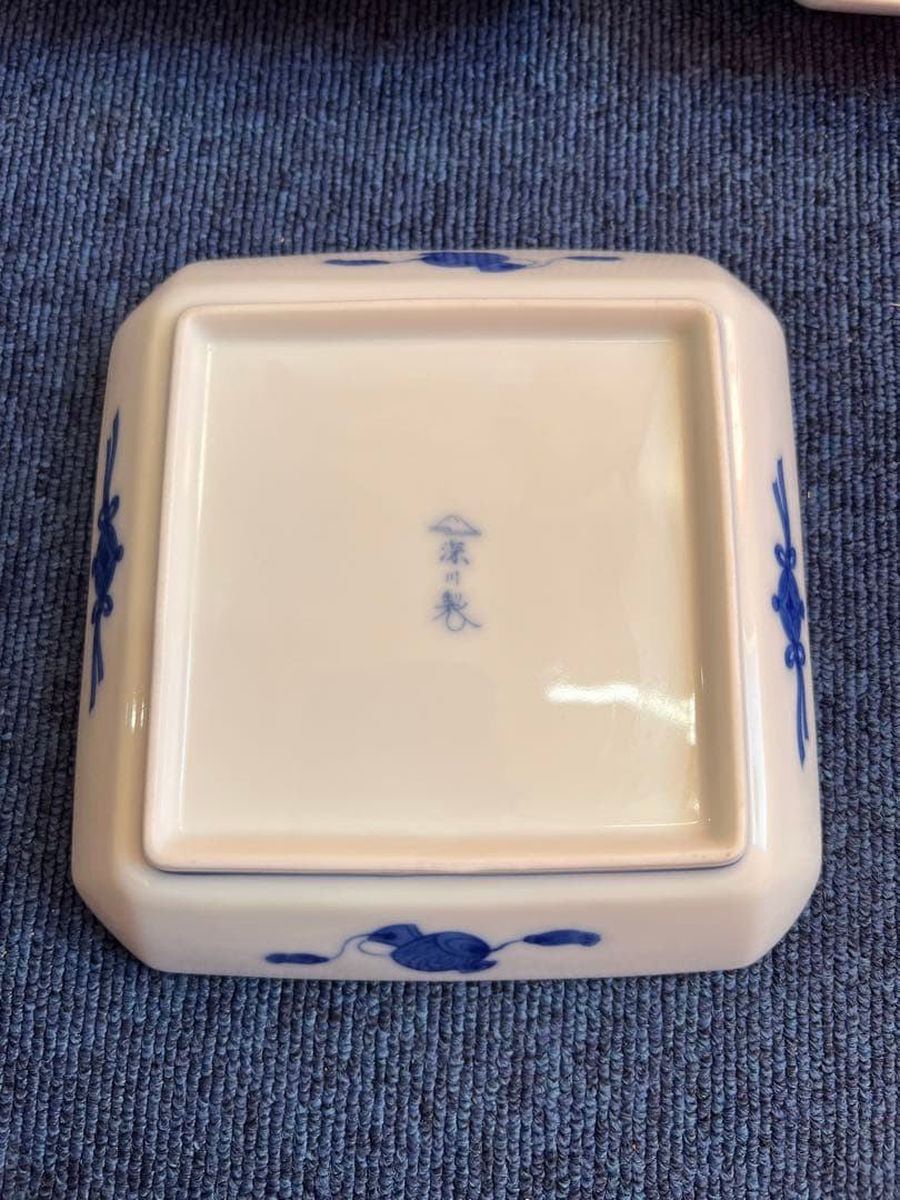 978 深川製磁　時代物　角皿セット 染付オシドリ  13客　古美術品　未使用