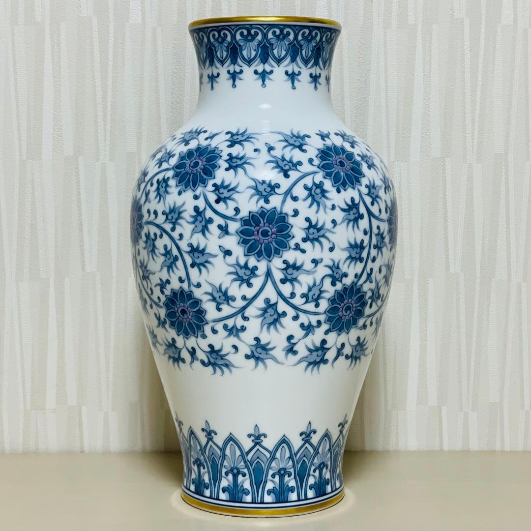 大型 大倉陶園 呉須唐草 花瓶 花器 フラワーベース 壺 36cm