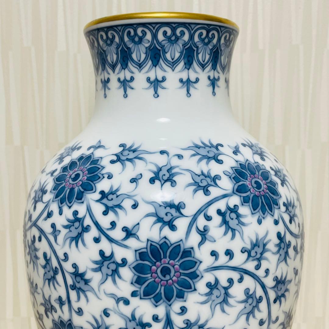 大型 大倉陶園 呉須唐草 花瓶 花器 フラワーベース 壺 36cm