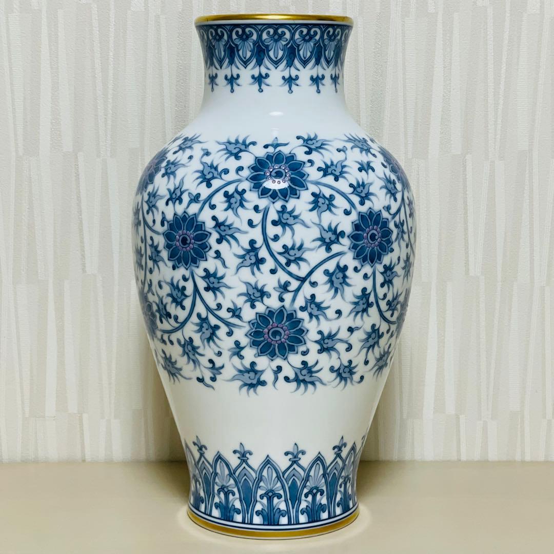 大型 大倉陶園 呉須唐草 花瓶 花器 フラワーベース 壺 36cm