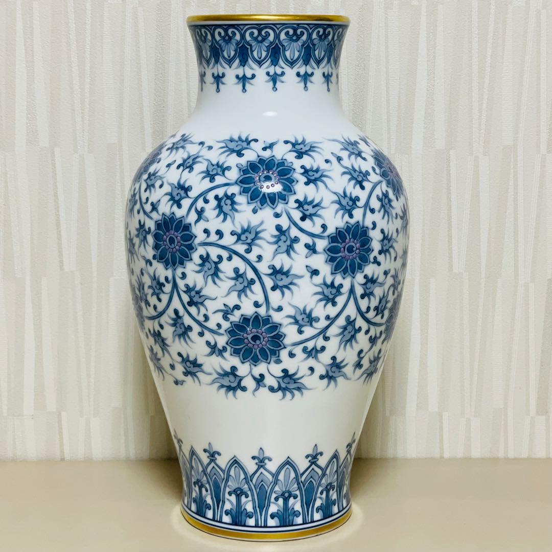 大型 大倉陶園 呉須唐草 花瓶 花器 フラワーベース 壺 36cm