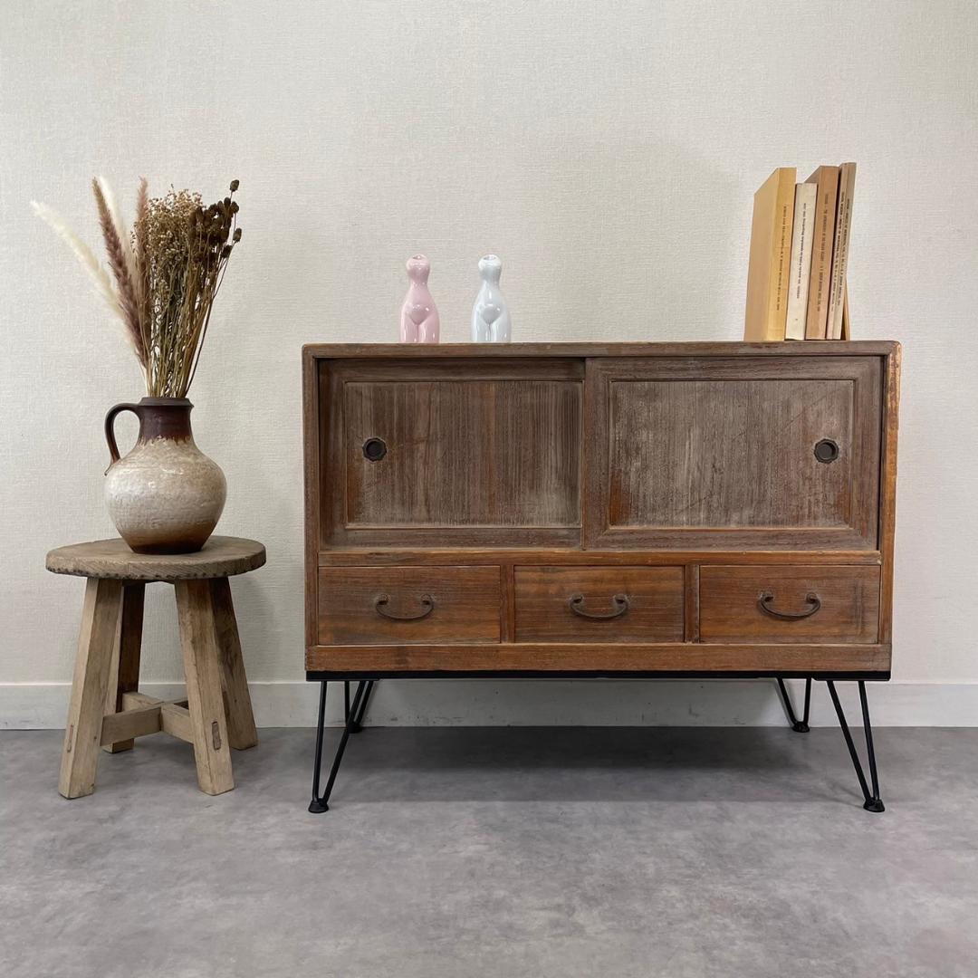 ヴィンテージ 無垢材 ローボード アイアン脚 引き出し テレビ台 ローチェスト