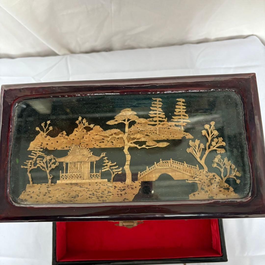 中国伝統工芸品 コルク細工 楼閣山水図 ジュエリーボックス 多段構造 オルゴール