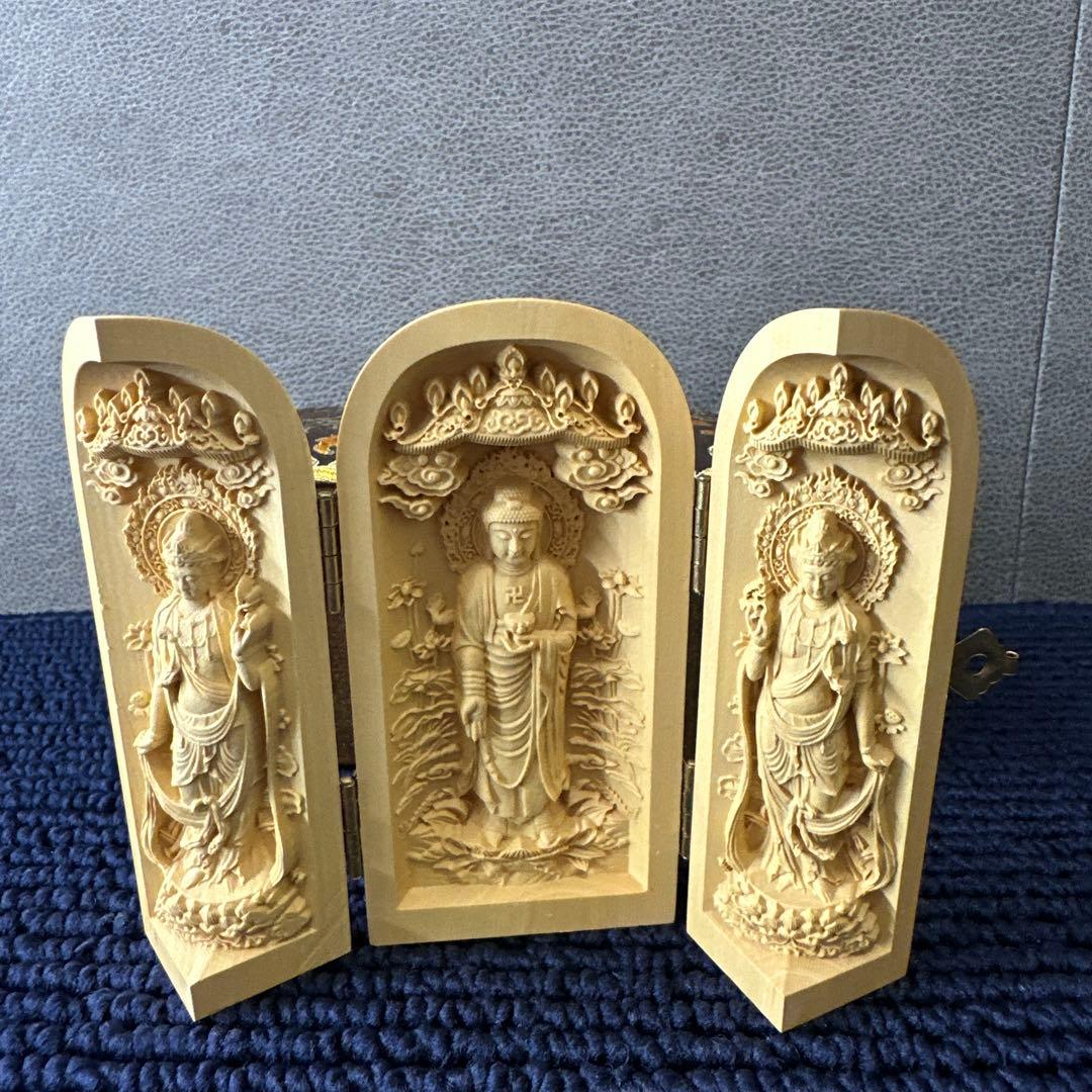 開運 阿弥陀三尊 三開仏 天然木