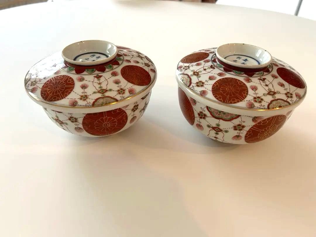 大聖寺伊万里　赤玉瓔珞　蓋碗 2客