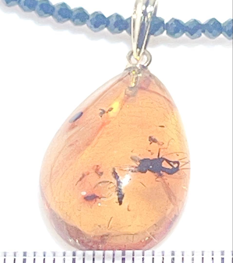 琥珀虫入りペンダントブラックスピネルネックレスNO25-2406