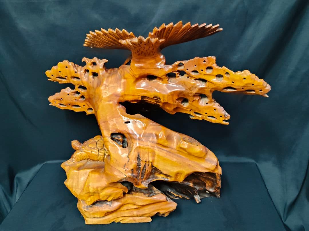 木彫り 鶴と亀の置物 鶴亀 縁起物 和風彫刻