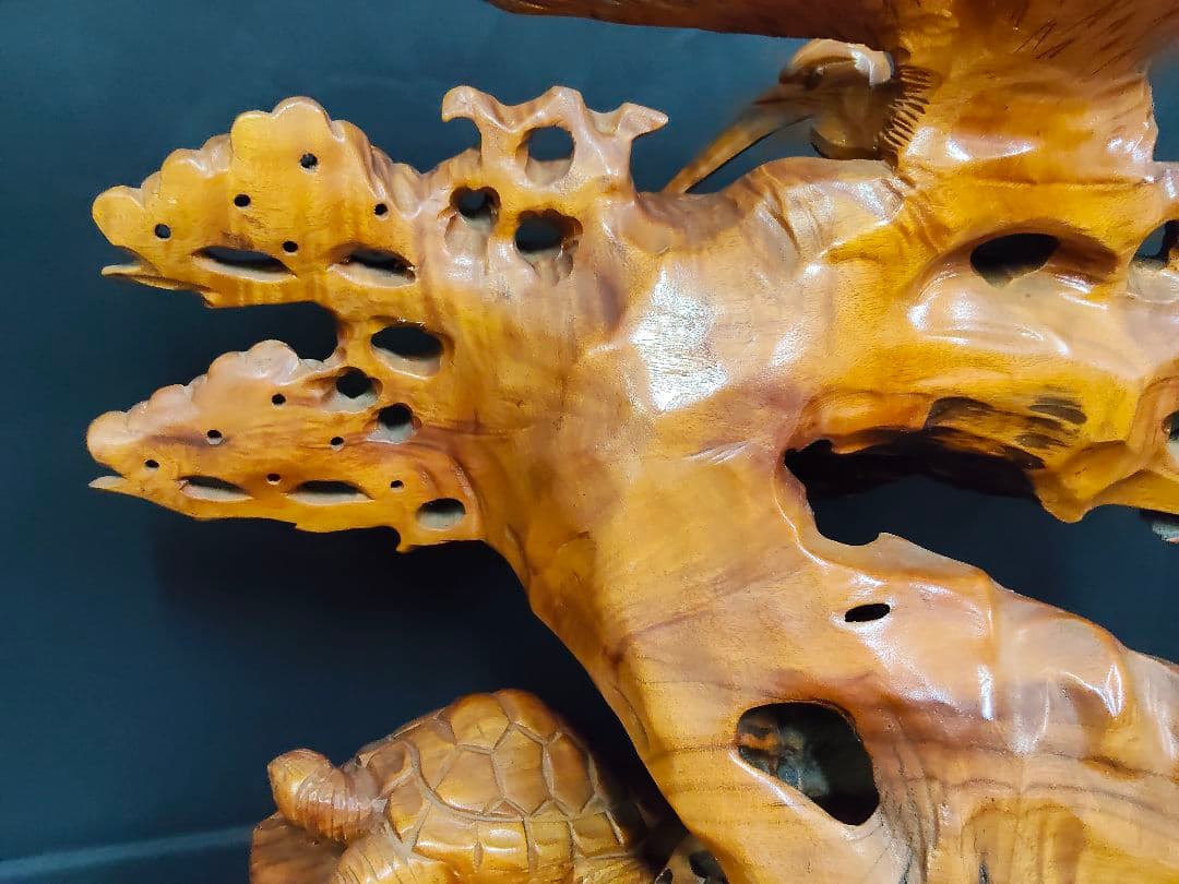 木彫り 鶴と亀の置物 鶴亀 縁起物 和風彫刻