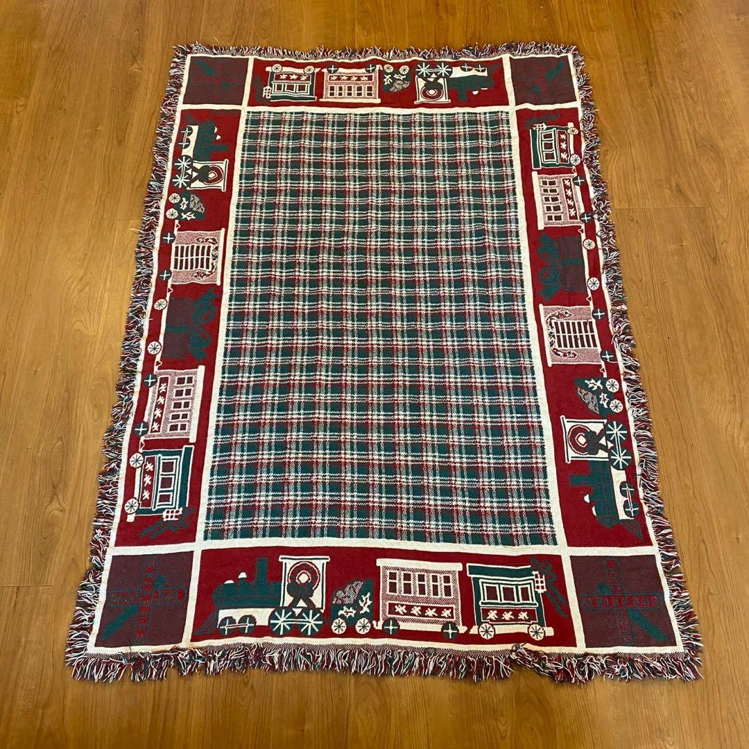 ヴィンテージ ゴブラン織り ラグ トレイン柄 両面配色 160×114 チェック