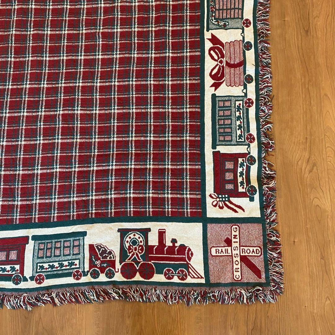 ヴィンテージ ゴブラン織り ラグ トレイン柄 両面配色 160×114 チェック