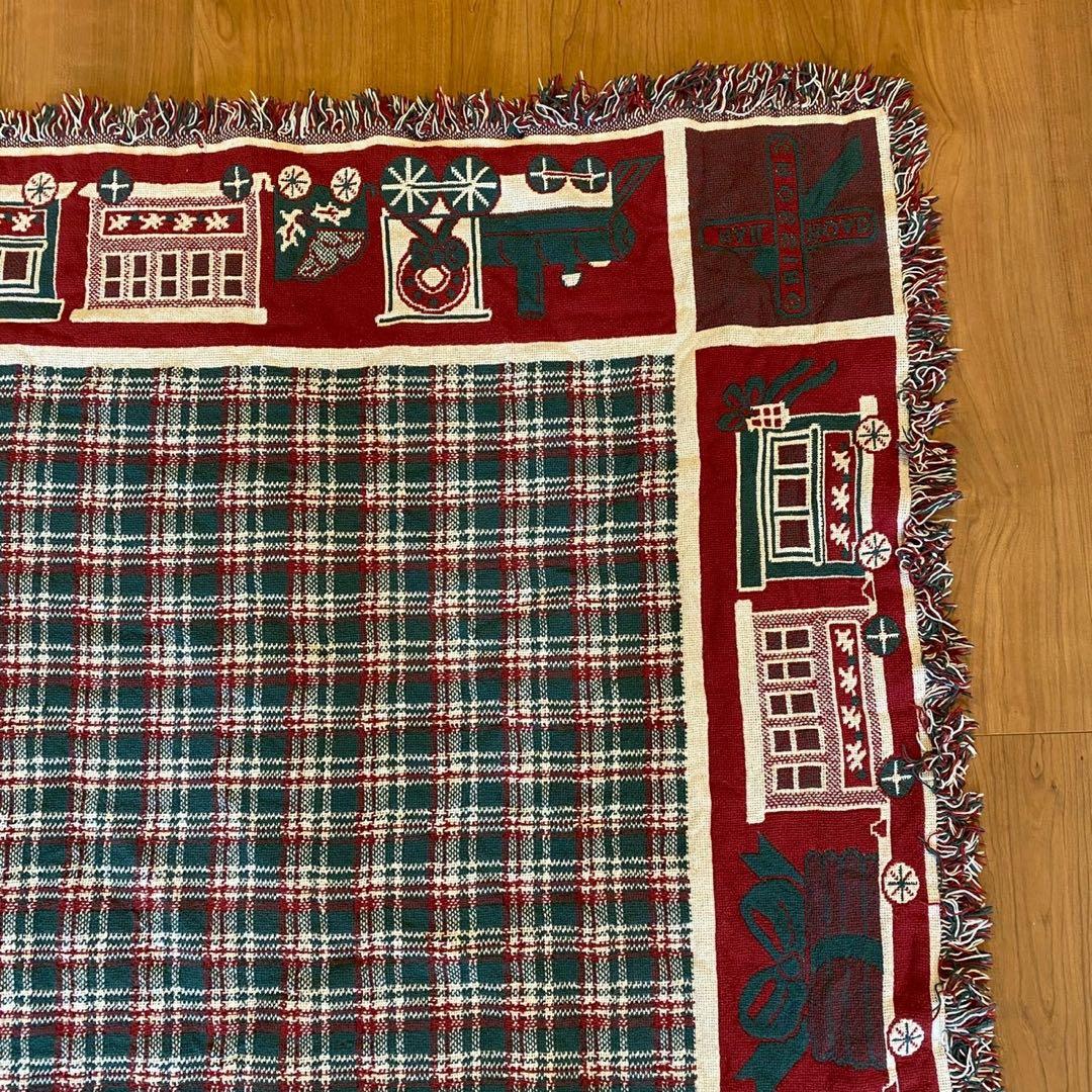 ヴィンテージ ゴブラン織り ラグ トレイン柄 両面配色 160×114 チェック