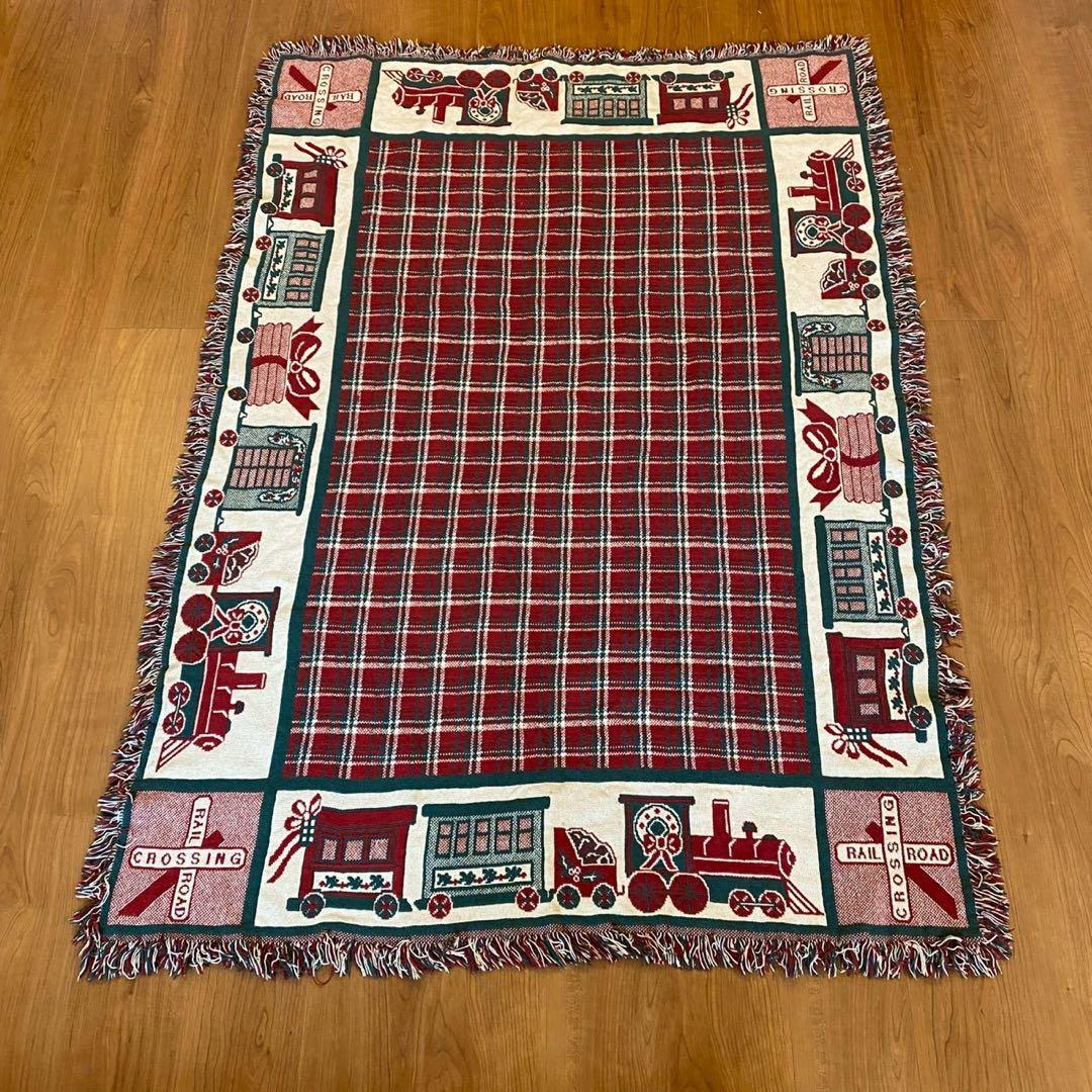 ヴィンテージ ゴブラン織り ラグ トレイン柄 両面配色 160×114 チェック