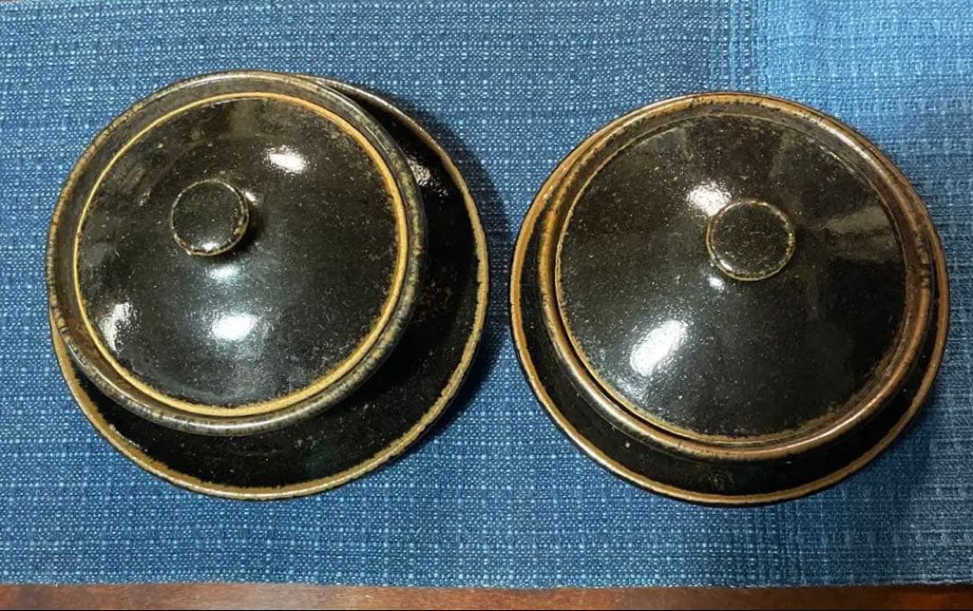 出西窯の黒い陶器製蓋つき煮物椀グラタン皿2個セット