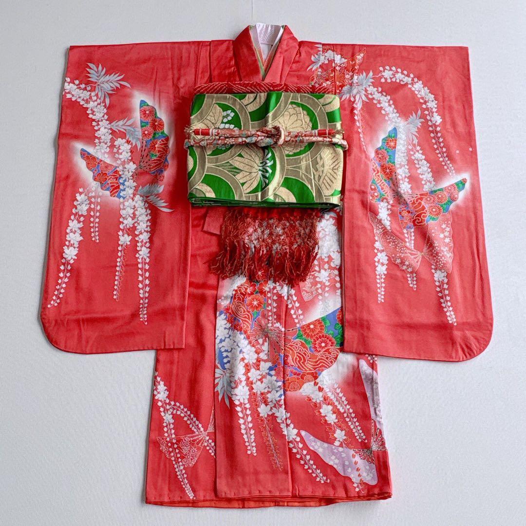 七五三　7歳女児　セット　きもの　赤　扇藤　帯　緑地　簡単半襟　7283