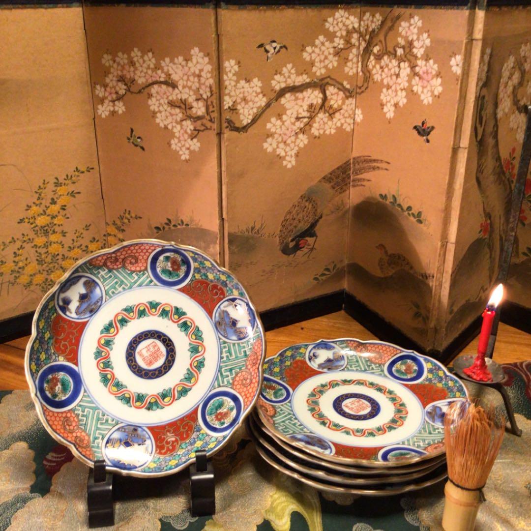 A374 古伊万里　染錦手　区割窓絵　山水に花　輪花形　7寸皿　5枚