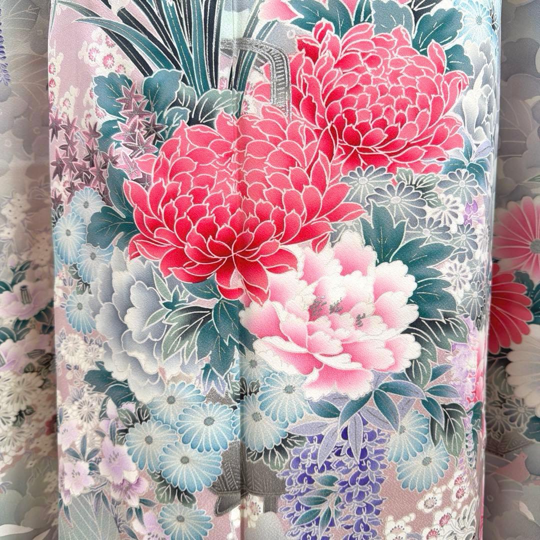 490 振袖フルセット 正絹 オフホワイト グレー 銀彩 暈し染め