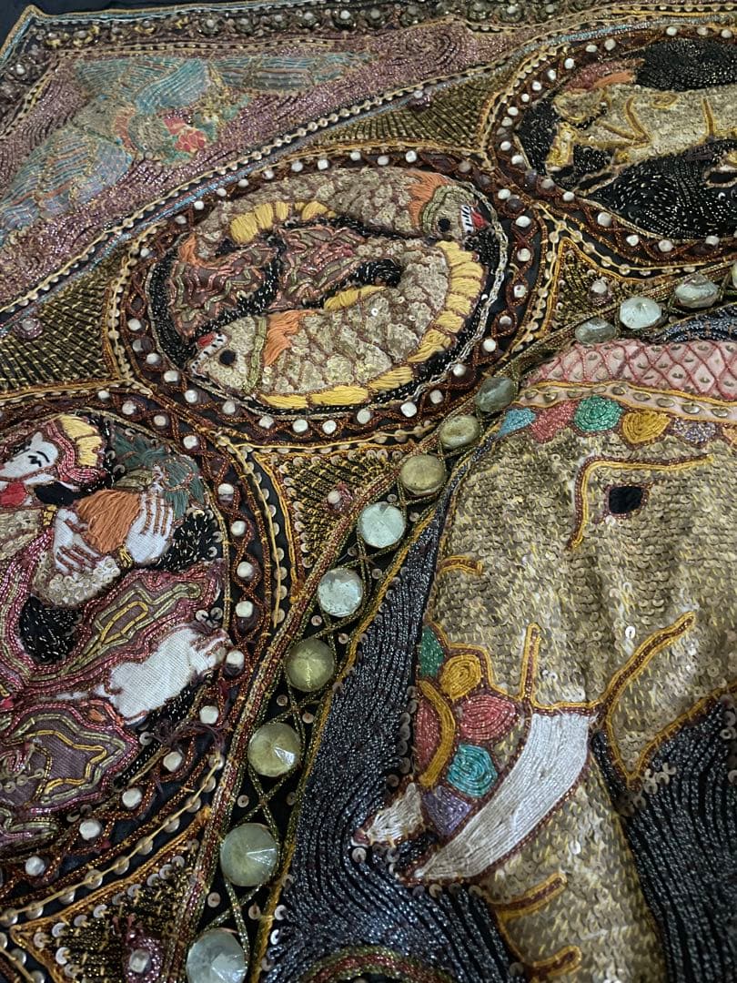 インド アンティーク 大変古い ビジュー装飾 タペストリー ミラー 極上品