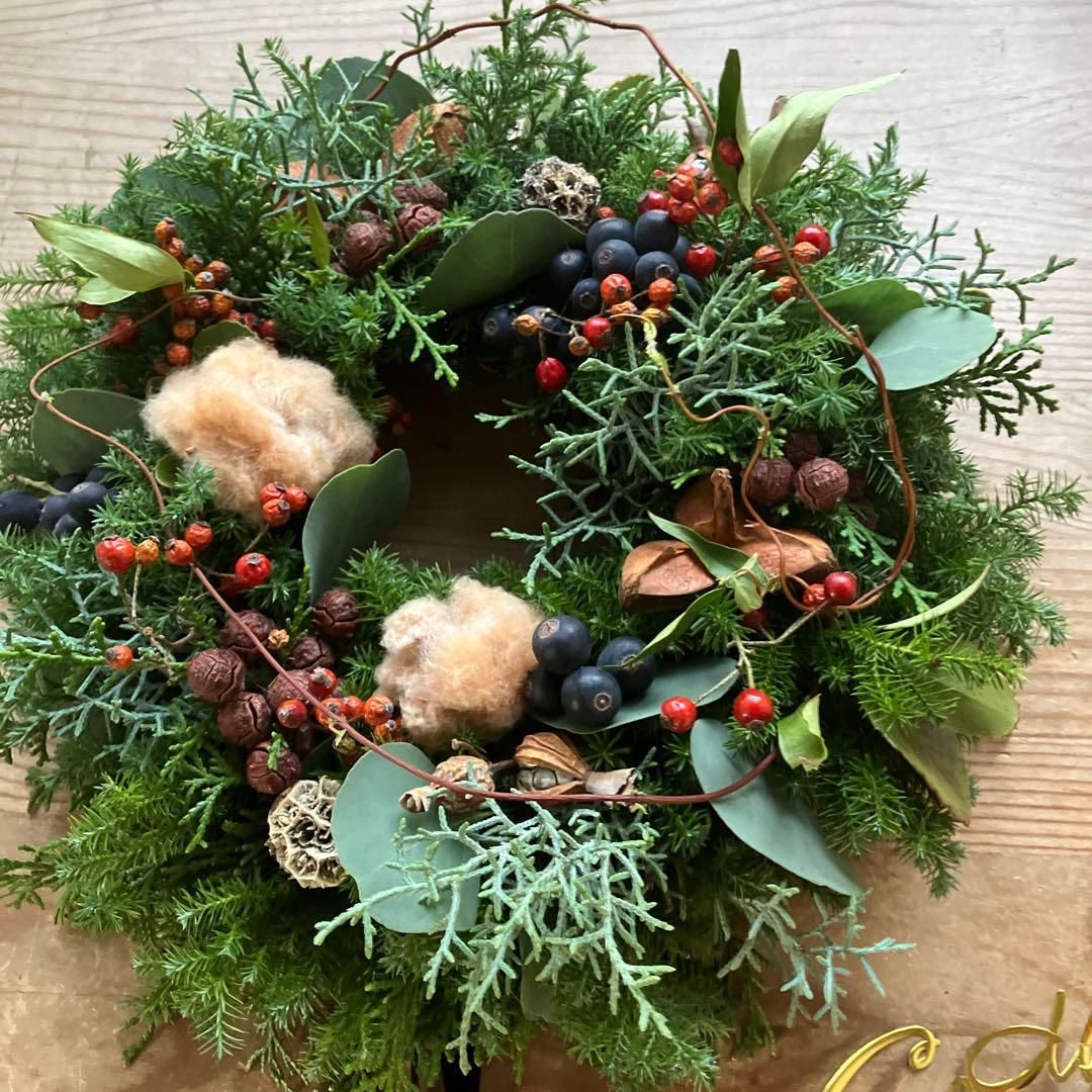 コットンと賑やかな森のクリスマスリース　シャリンバイ　野バラの実