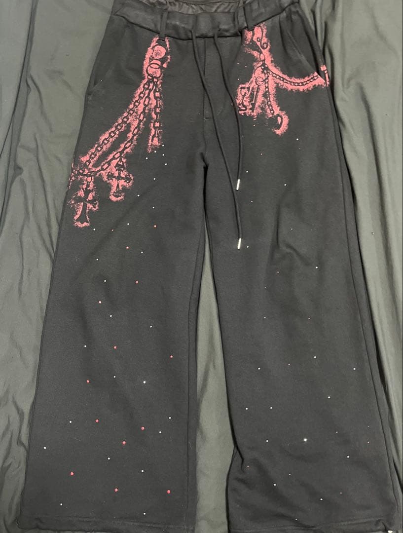 grancy ラインストーンデザインレイヤードスウェットパンツ　ブラック