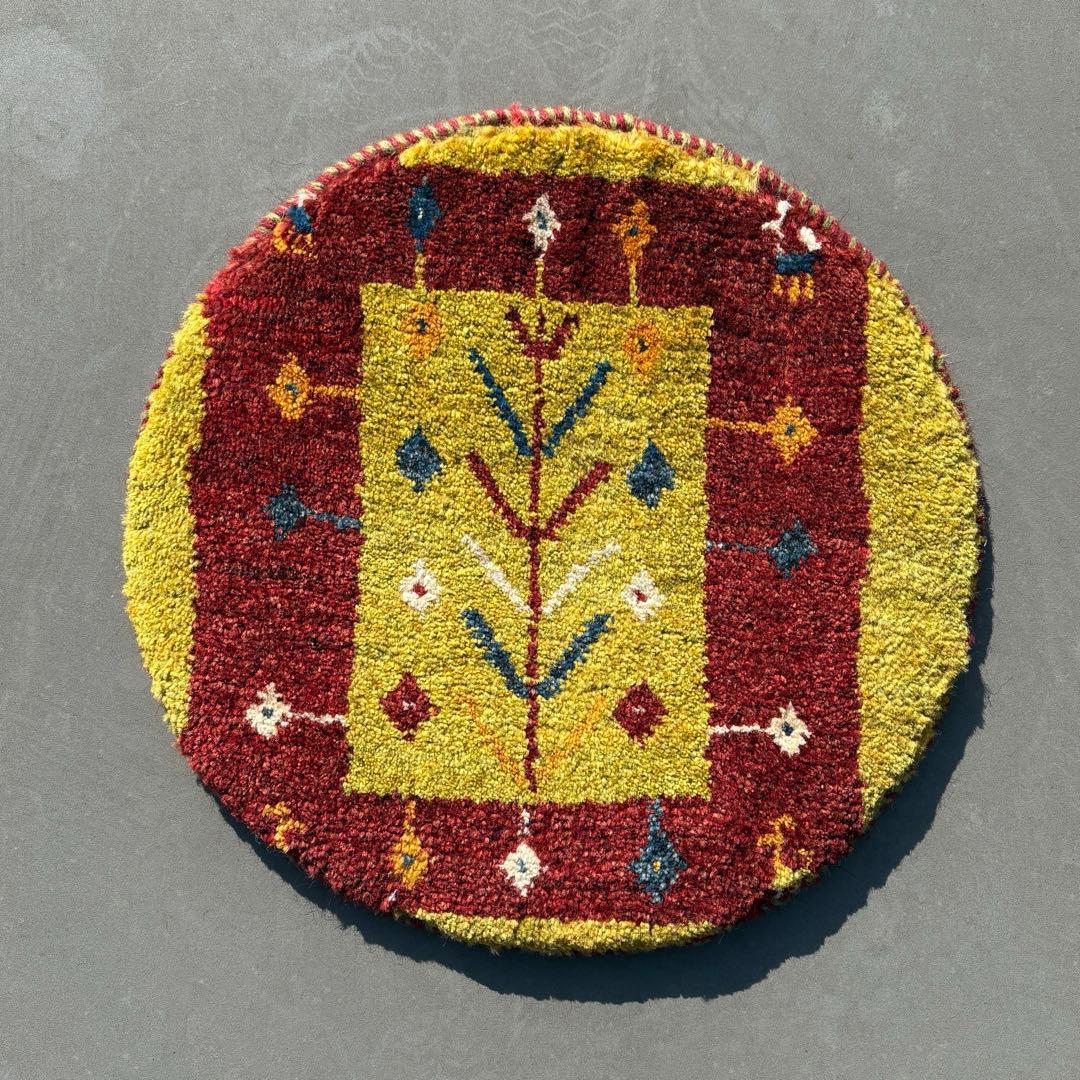 【レア】　イラン　ペルシャ　ギャッベ　丸　円形　座布団　手織り　ペア　グリーン