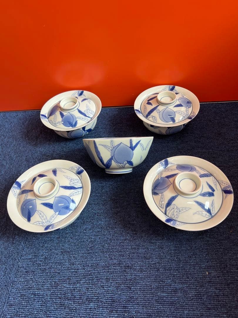 1424 希少　有田焼　鍋島　其泉　桃文　飯碗4客　六角鉢1 客