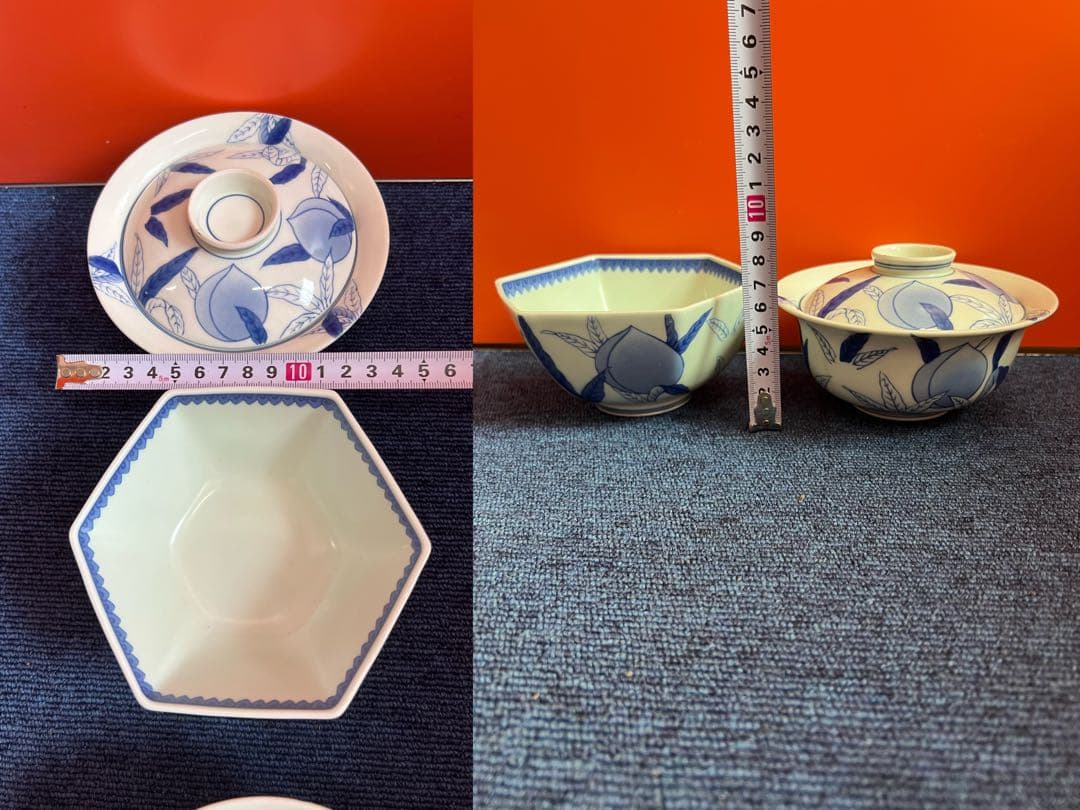 1424 希少　有田焼　鍋島　其泉　桃文　飯碗4客　六角鉢1 客