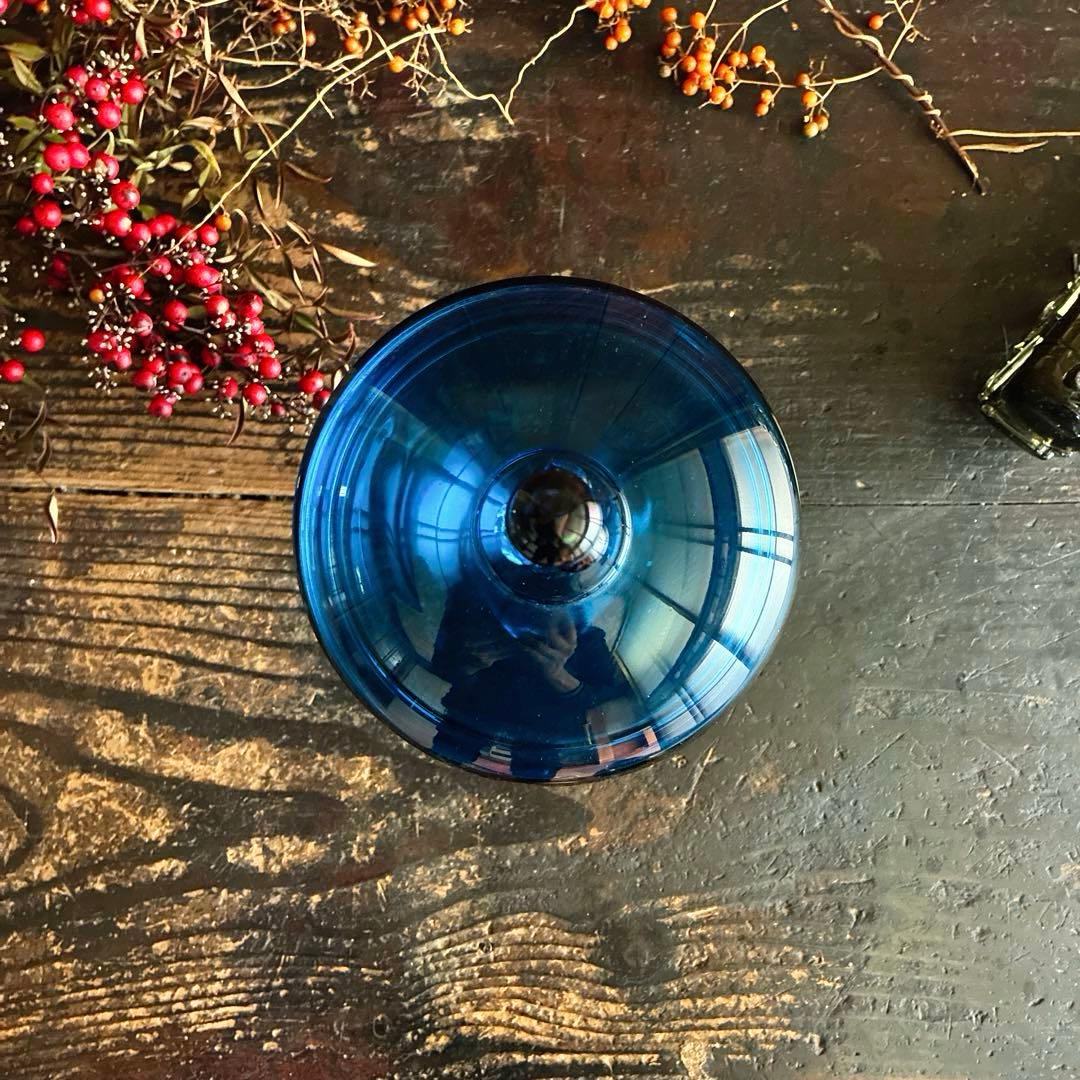 骨董　時代ガラス　ピーコックブルー　アールデコ調プレス　納戸色　ボンボニエール