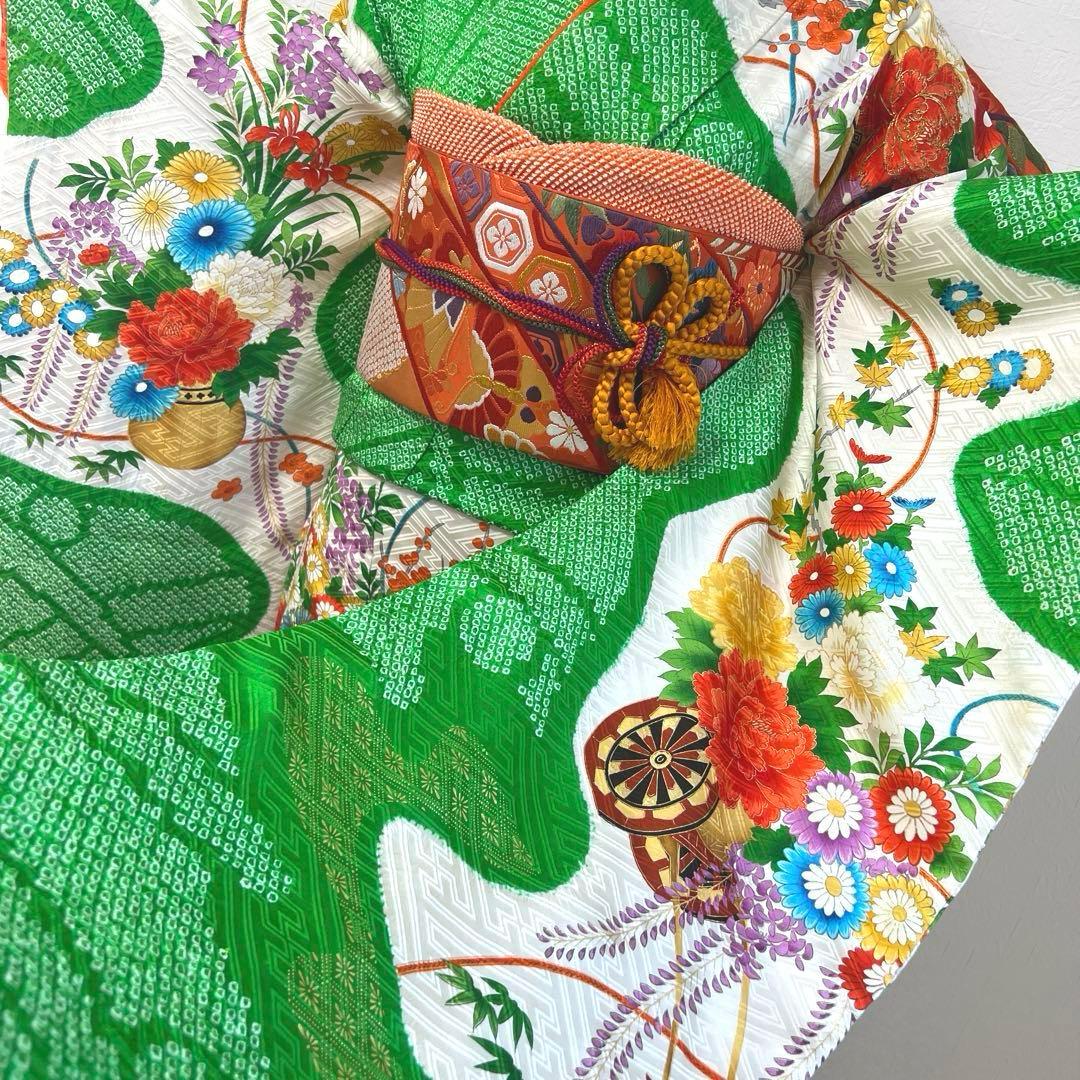 474 振袖フルセット 正絹 緑グリーン オレンジ レトロ 絞り 金彩 駒刺繍