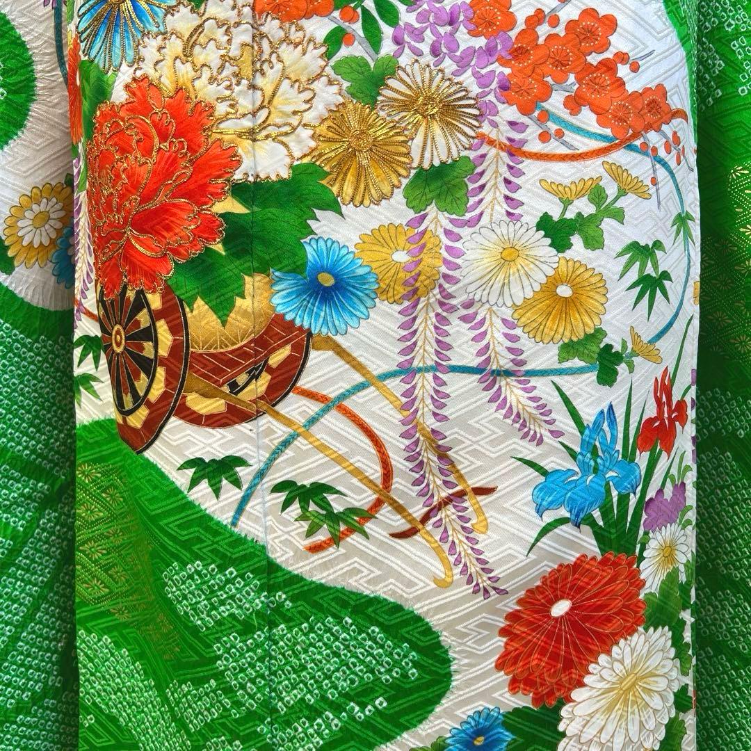 474 振袖フルセット 正絹 緑グリーン オレンジ レトロ 絞り 金彩 駒刺繍